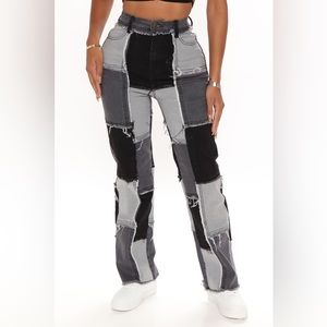 Black Patchwork Distressed Straight Leg Jeans
